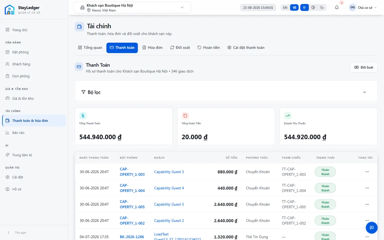 Màn hình thanh toán StayLedger để ghi nhận khoản thu của khách sạn